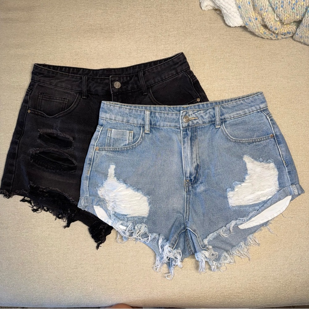 Bundle / Lot of 2 Ripped High-Rise Denim Shorts - Light Blue and Black